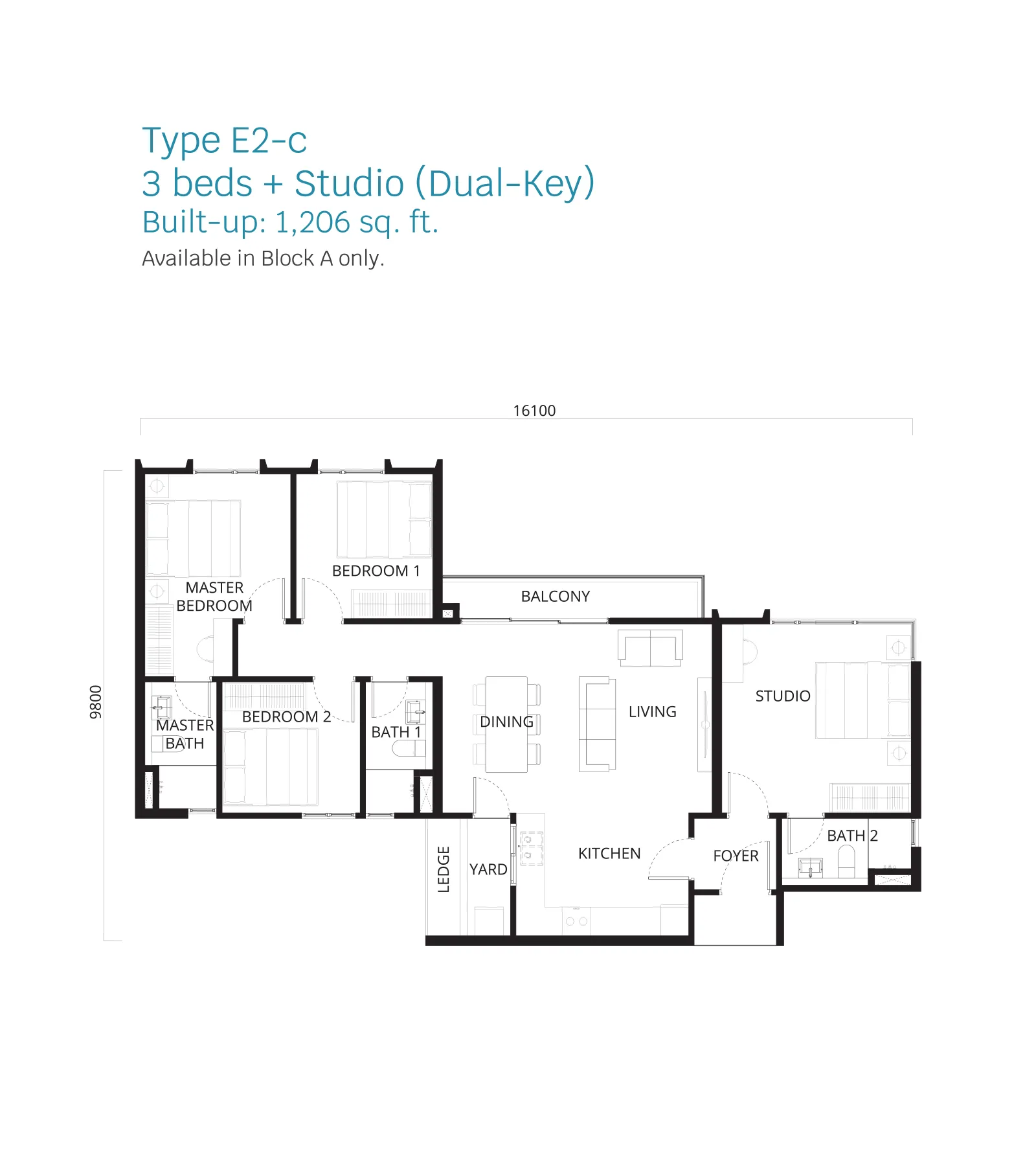 Stellaris @ Riana Dutamas floor plan Type E2-c, 3 bedrooms + studio (dual key), 1,206 sq ft