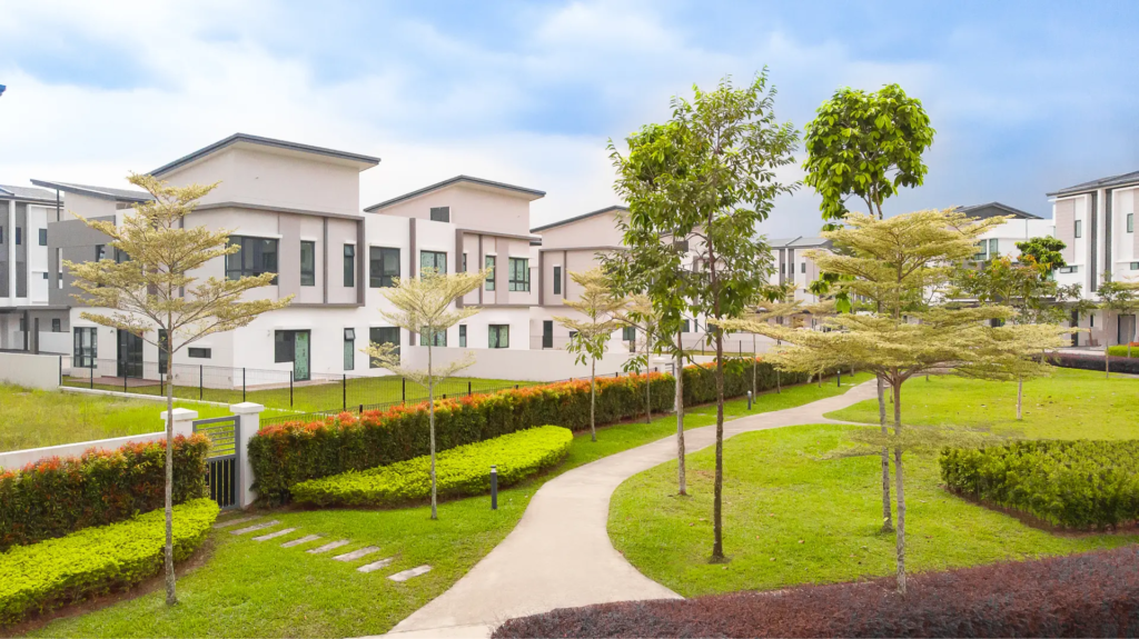 Landscaped path and semi-detached homes at Sunway Lenang Heights