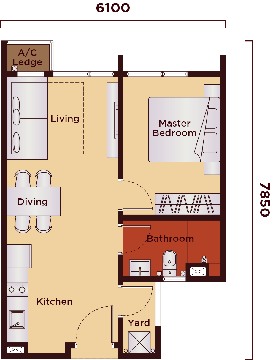 The Kingswoodz Bukit Jalil floor plan Type A1, 1 bedroom 1 bathroom, 474 sq ft