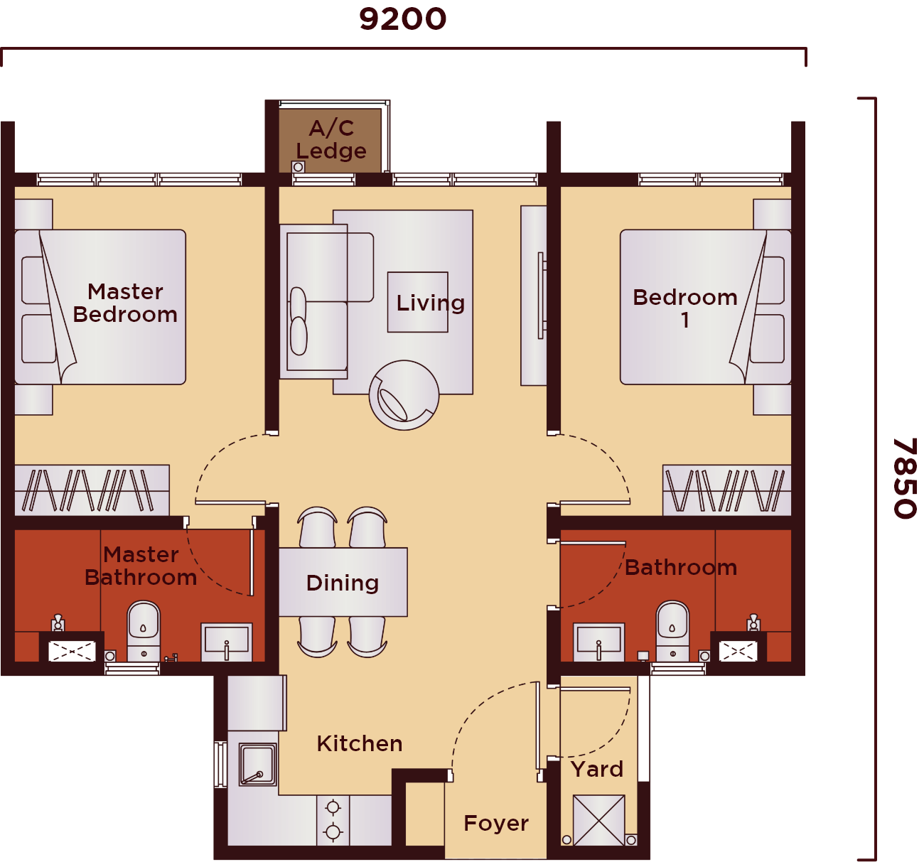 The Kingswoodz Bukit Jalil floor plan Type B1, 2 bedrooms 2 bathrooms, 678 sq ft