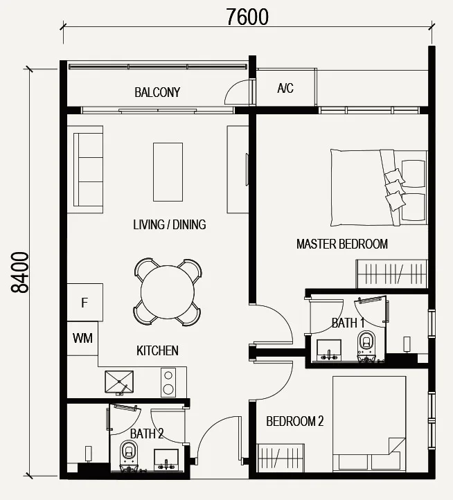 Vox Residence Sentul floor plan Type A1 / A1a, 2 bedrooms 2 bathrooms, 667 sq ft