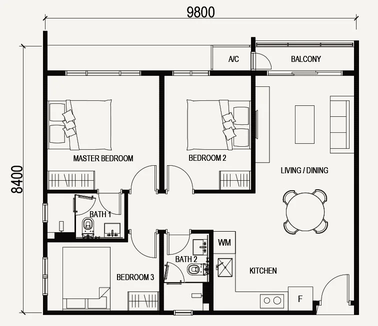 Vox Residence Sentul floor plan Type B1 / B1a, 3 bedrooms 2 bathrooms, 839 sq ft
