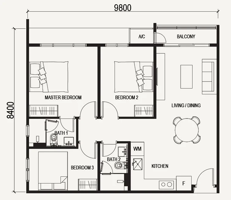 Vox Residence Sentul floor plan Type B2, 3 bedrooms 2 bathrooms, 839 sq ft
