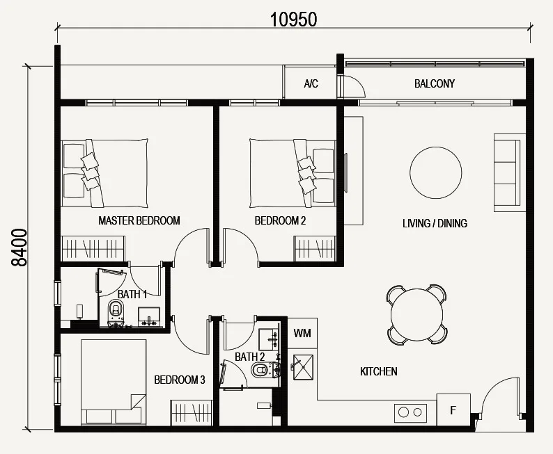 Vox Residence Sentul floor plan Type C1 / C1a, 3 bedrooms 2 bathrooms, 947 sq ft