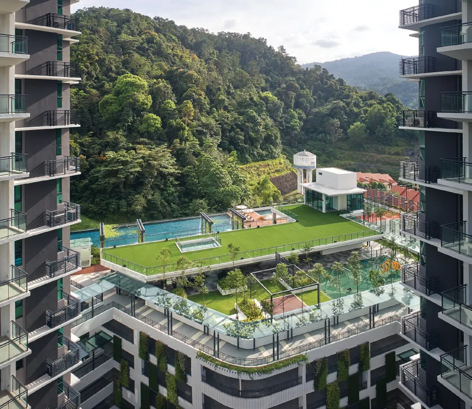 Alila 2, Tanjung Bungah, Penang: facilities floor with lawn and pools seen from the tower, actual photo