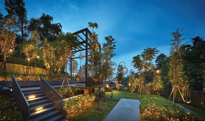 Alila 2, Tanjung Bungah, Penang: terrace garden lit at dusk, actual photo