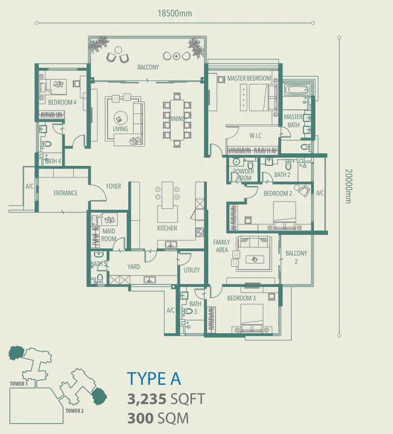 Alila 2, Tanjung Bungah, Penang: Type A floor plan, 4 bed 5 bath + maid, 3,235 sq ft