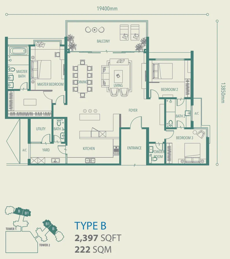 Alila 2, Tanjung Bungah, Penang: Type B/B1 floor plan, 3 bed 3 bath, 2,397 sq ft
