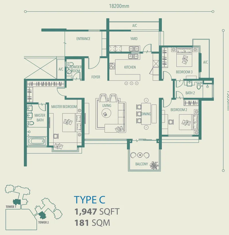 Alila 2, Tanjung Bungah, Penang: Type C floor plan, 3 bed 2 bath, 1,947 sq ft