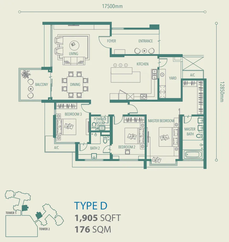 Alila 2, Tanjung Bungah, Penang: Type D floor plan, 3 bed 2 bath, 1,905 sq ft