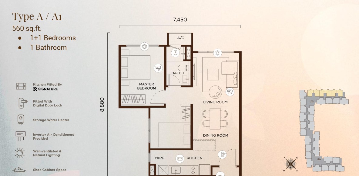 Amberwood Resort Residences 户型图：A / A1 型，1+1 房，560 平方尺
