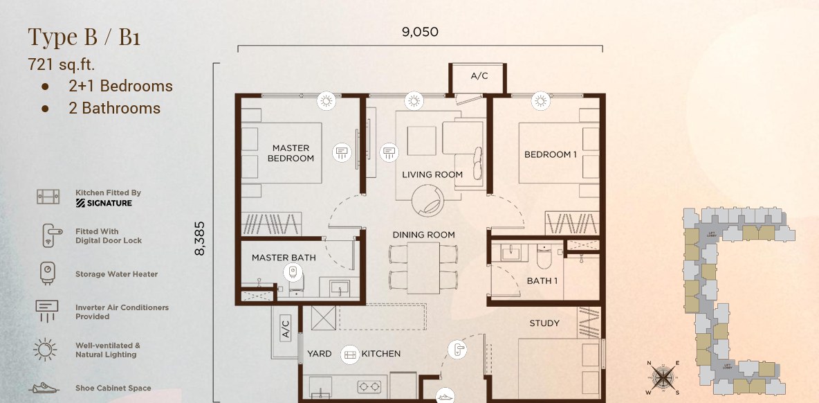 Amberwood Resort Residences 户型图：B / B1 型，2+1 房，721 平方尺
