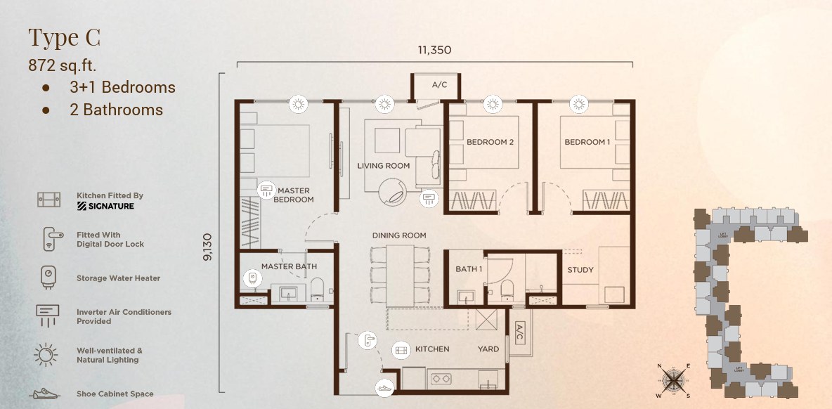 Amberwood Resort Residences 户型图：C 型，3+1 房，872 平方尺