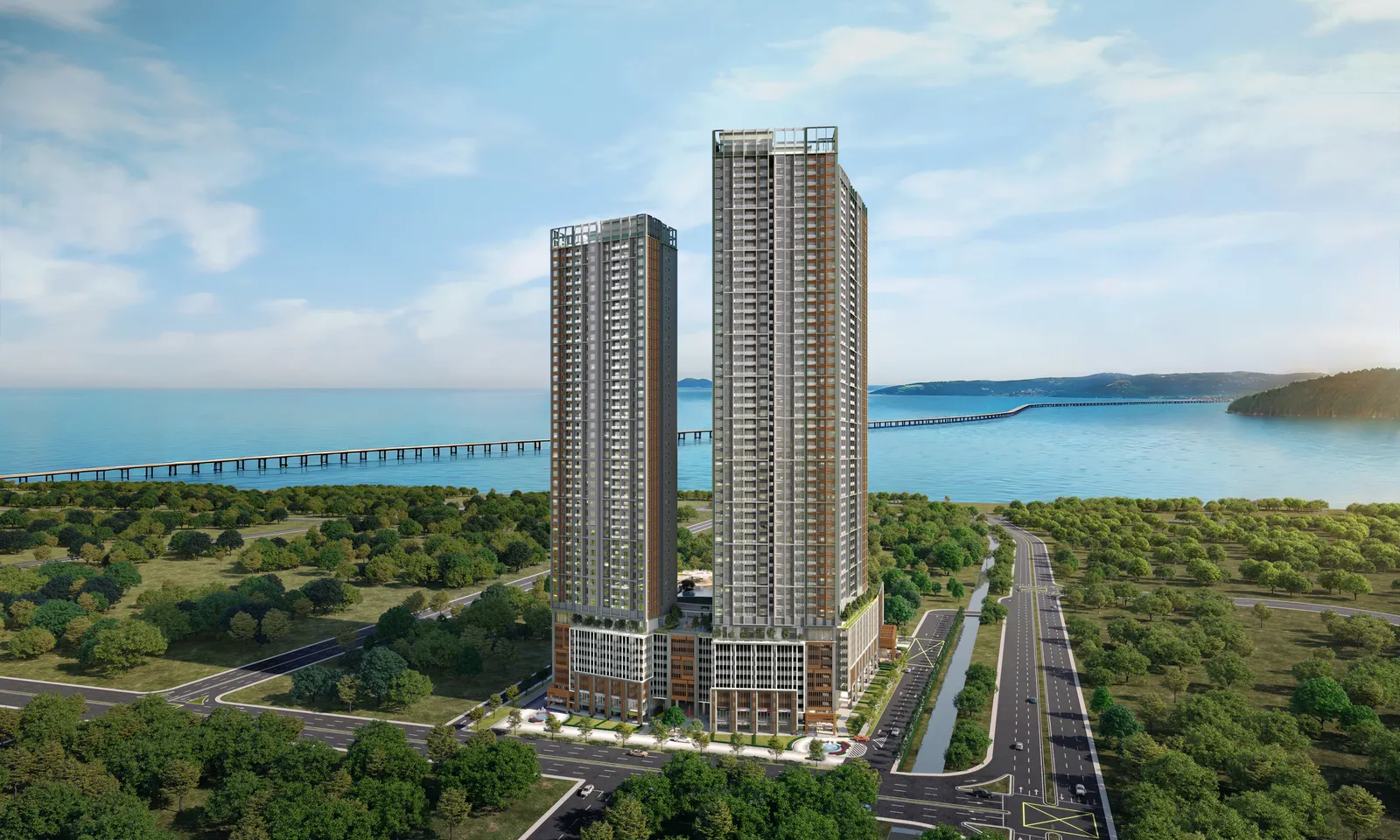 AndaBreeze Residences, Bandar Cassia, Batu Kawan: aerial artist's impression of the 53- and 46-storey towers