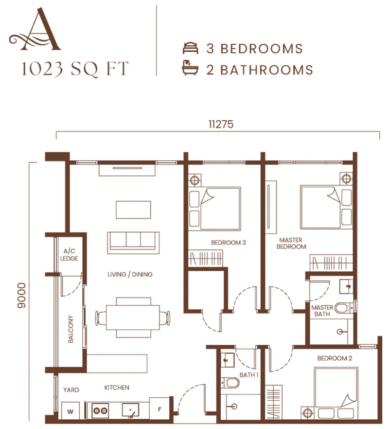 AndaBreeze Residences, Bandar Cassia, Batu Kawan: Type A corner floor plan, 3 bedrooms, 1,023 sq ft