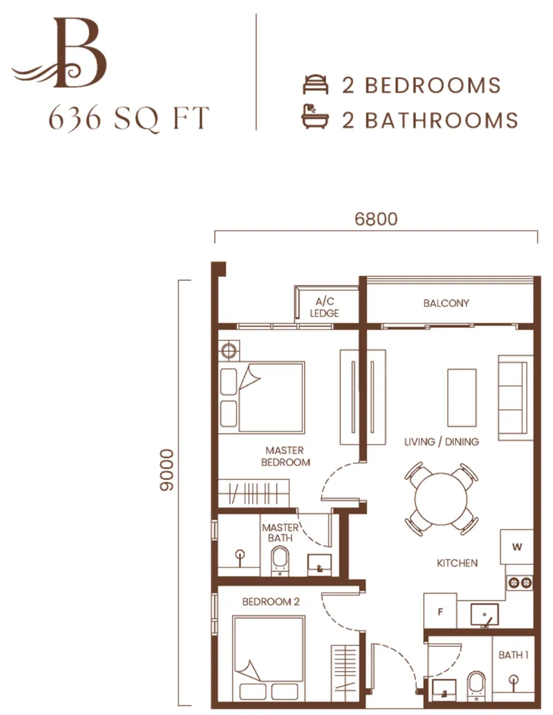 AndaBreeze Residences, Bandar Cassia, Batu Kawan: Type B floor plan, 2 bedrooms, 636 sq ft