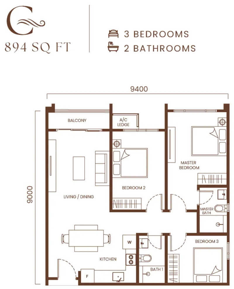 AndaBreeze Residences, Bandar Cassia, Batu Kawan: Type C floor plan, 3 bedrooms, 894 sq ft