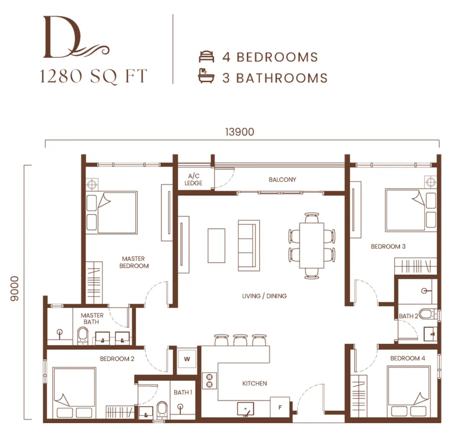 AndaBreeze Residences, Bandar Cassia, Batu Kawan: Type D corner floor plan, 4 bedrooms, 1,280 sq ft