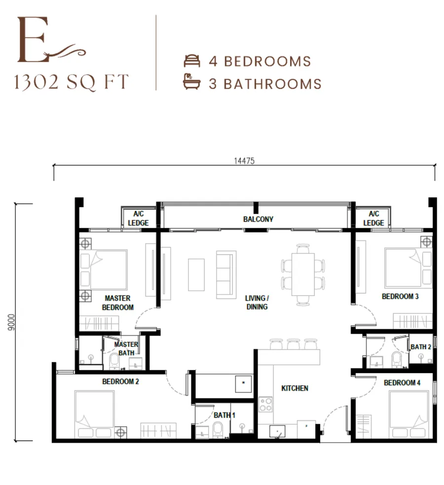 AndaBreeze Residences, Bandar Cassia, Batu Kawan: Type E floor plan, 4 bedrooms, 1,302 sq ft