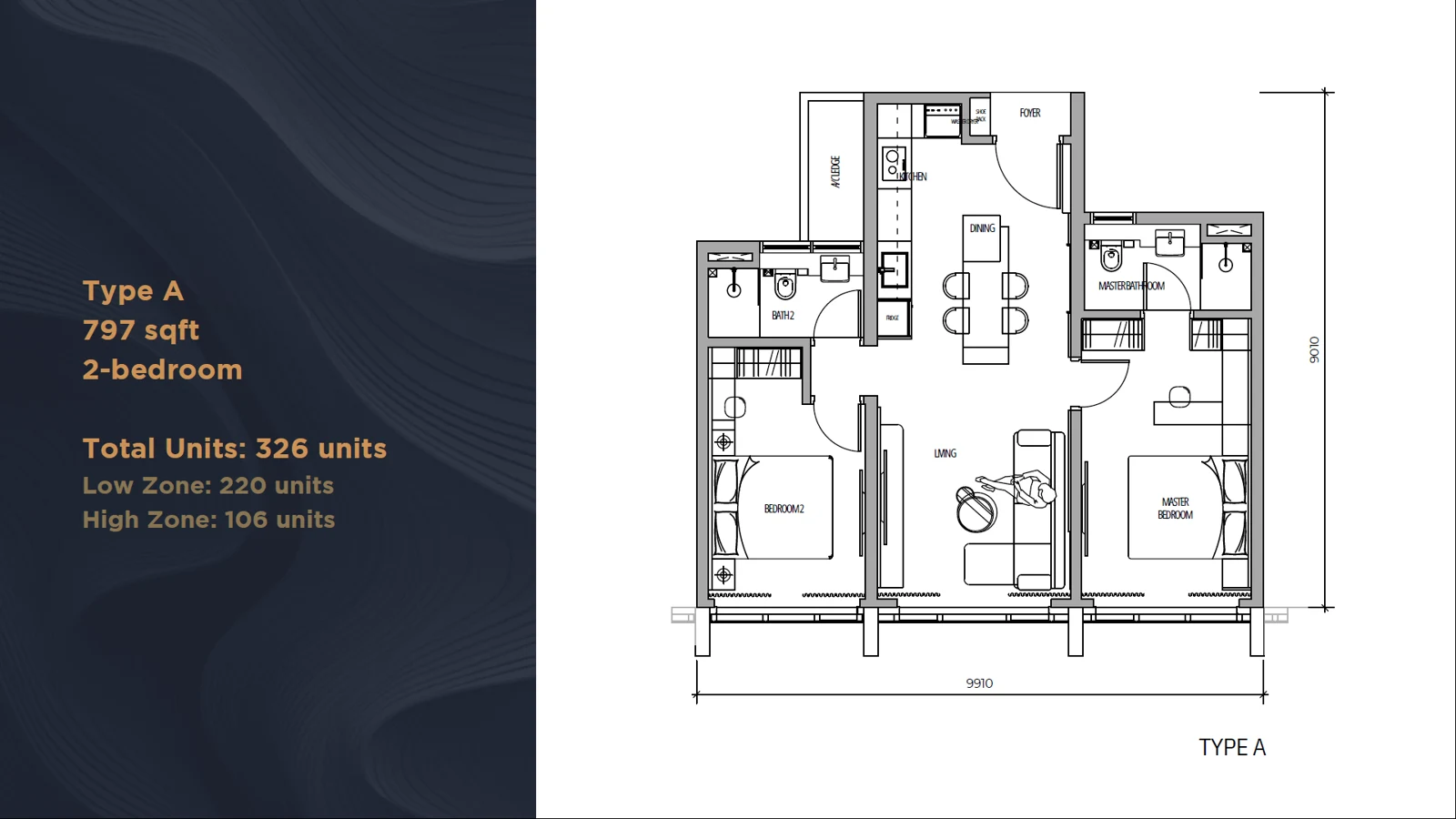 Arden floor plan Type A, 2 bedrooms, 797 sq ft