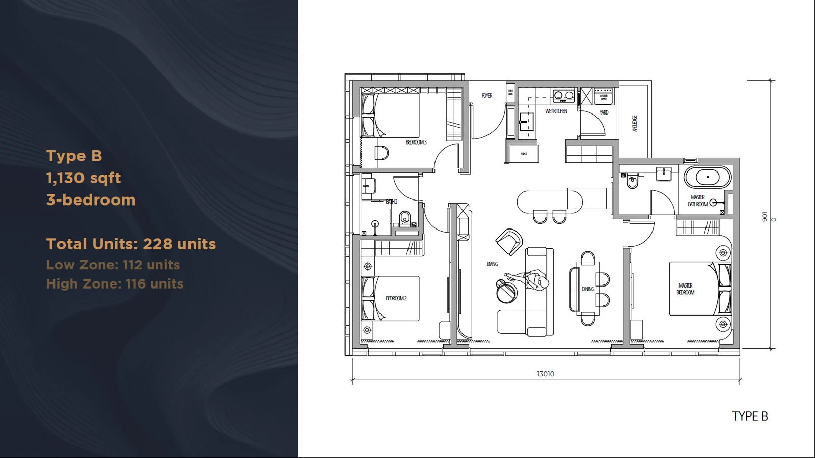 Arden floor plan Type B, 3 bedrooms, 1,130 sq ft