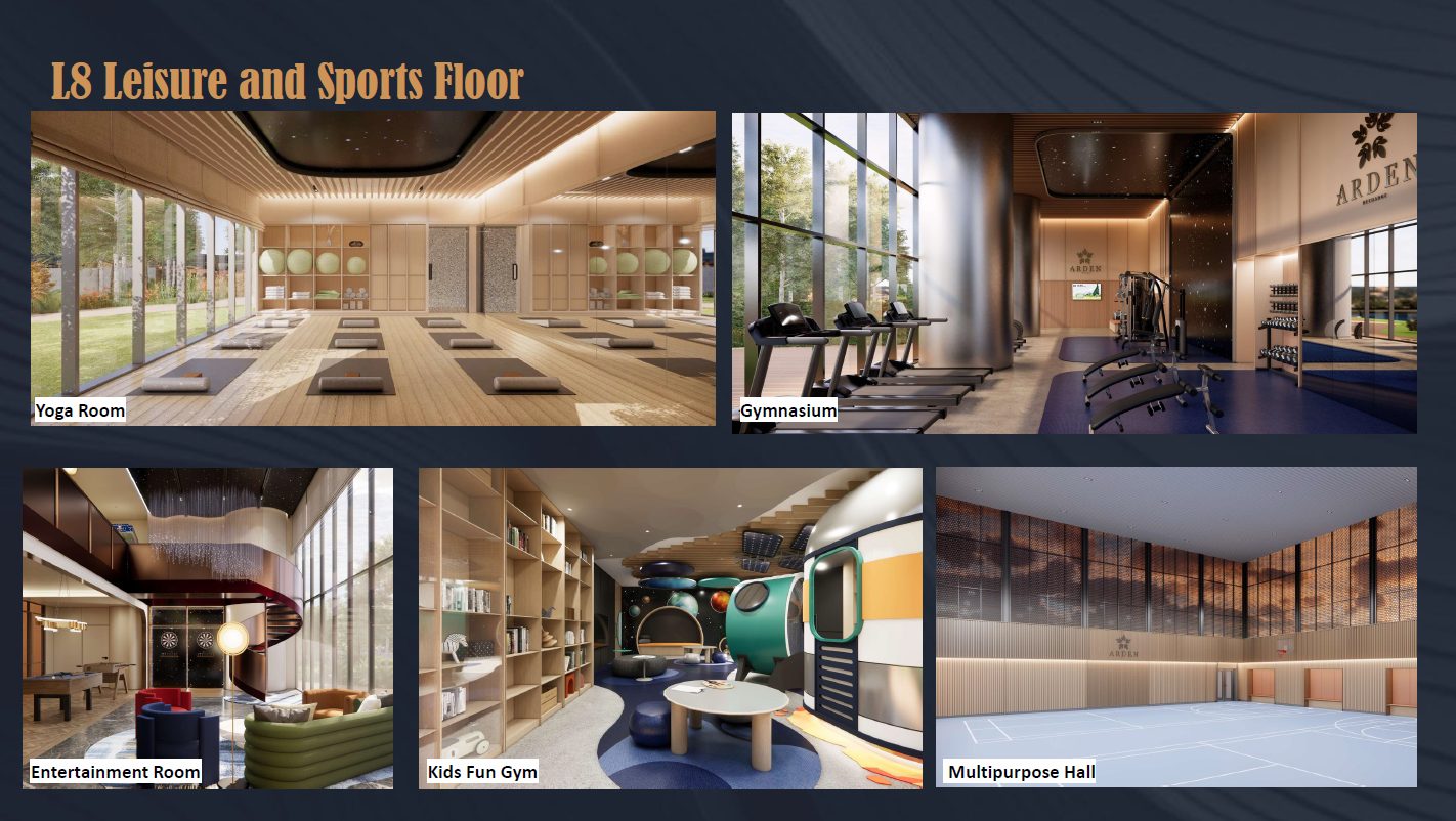 Arden Level 8 leisure and sports floor: yoga room, gym, kids fun gym, multipurpose hall