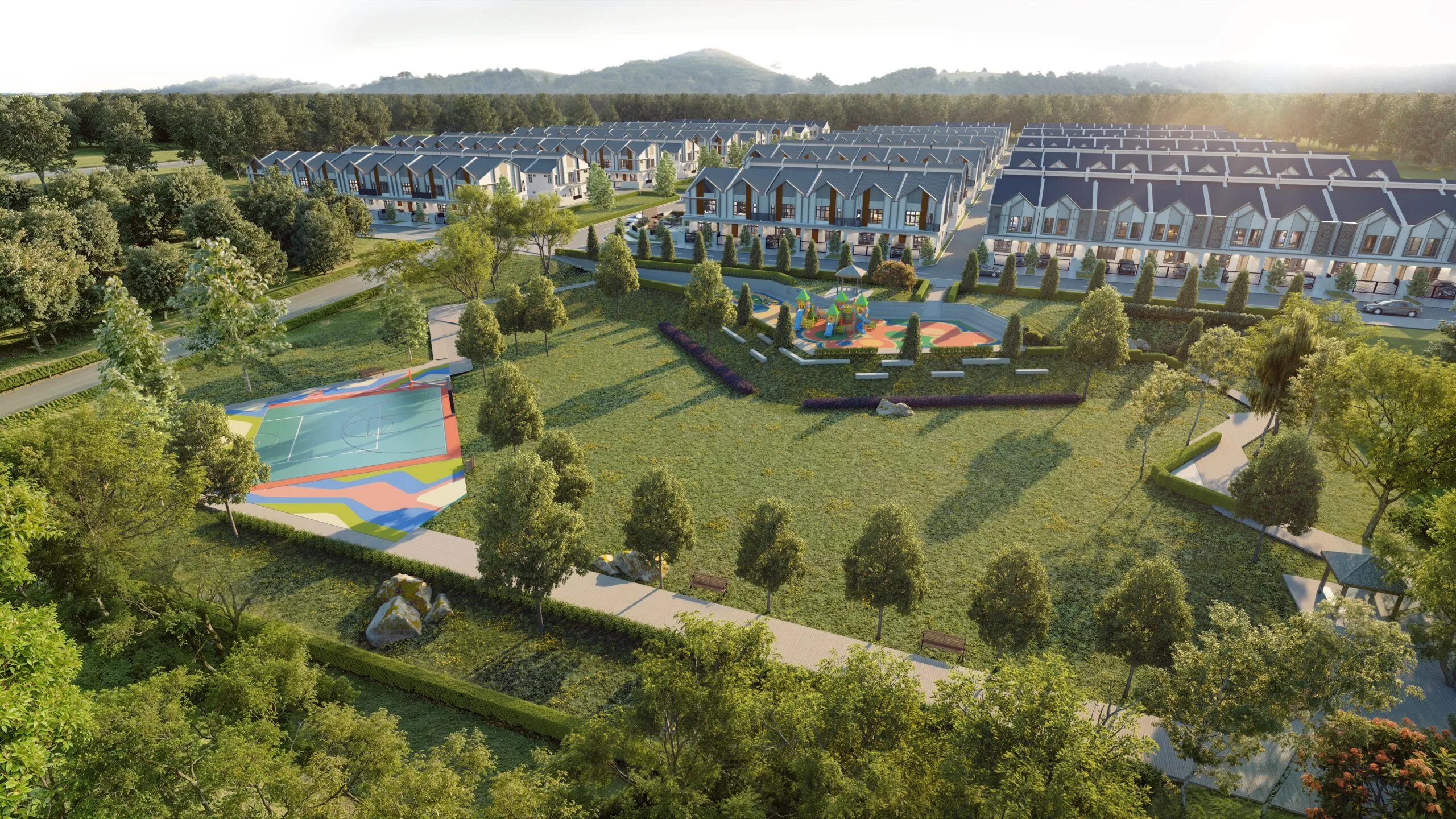 Astera at Impian Hills aerial view of the terrace homes and park, Ulu Tiram
