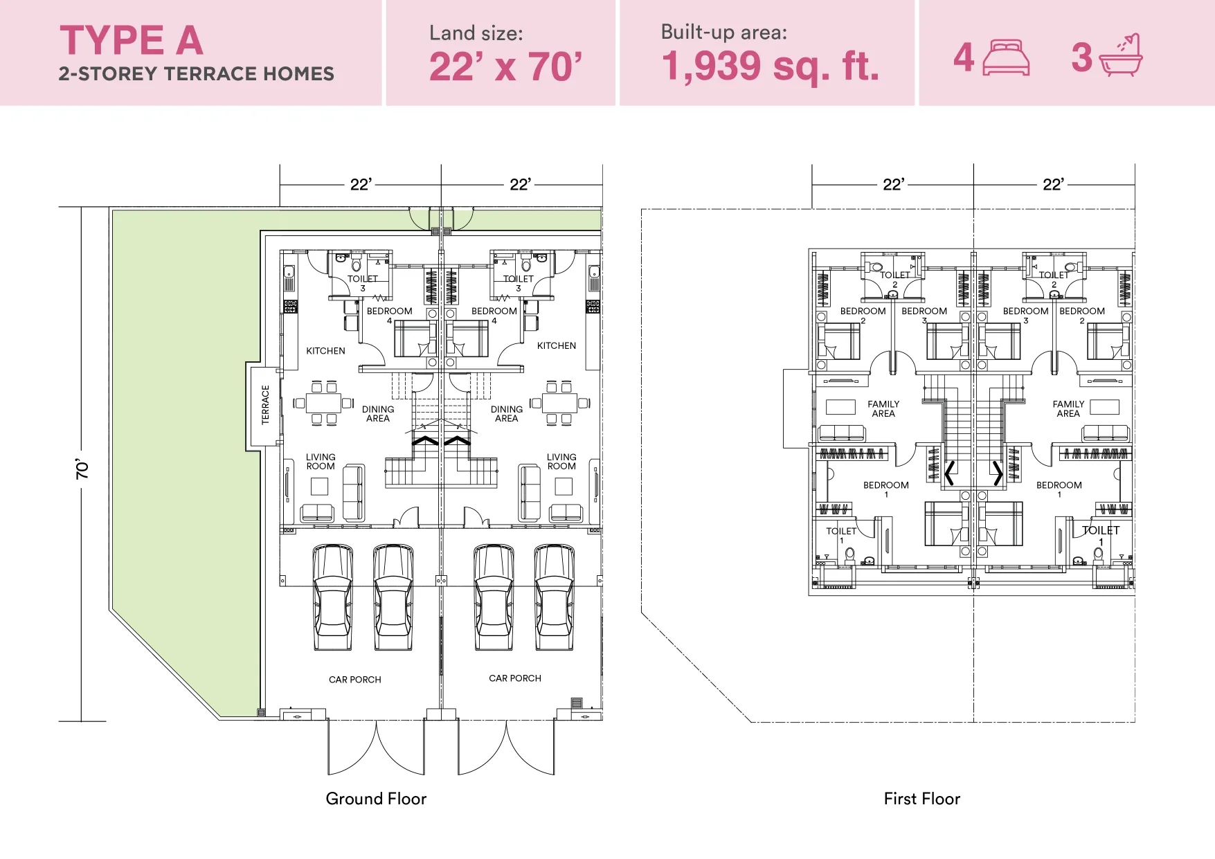 Astera Type A floor plan, 22 x 70 ft lot, 1,939 sq ft