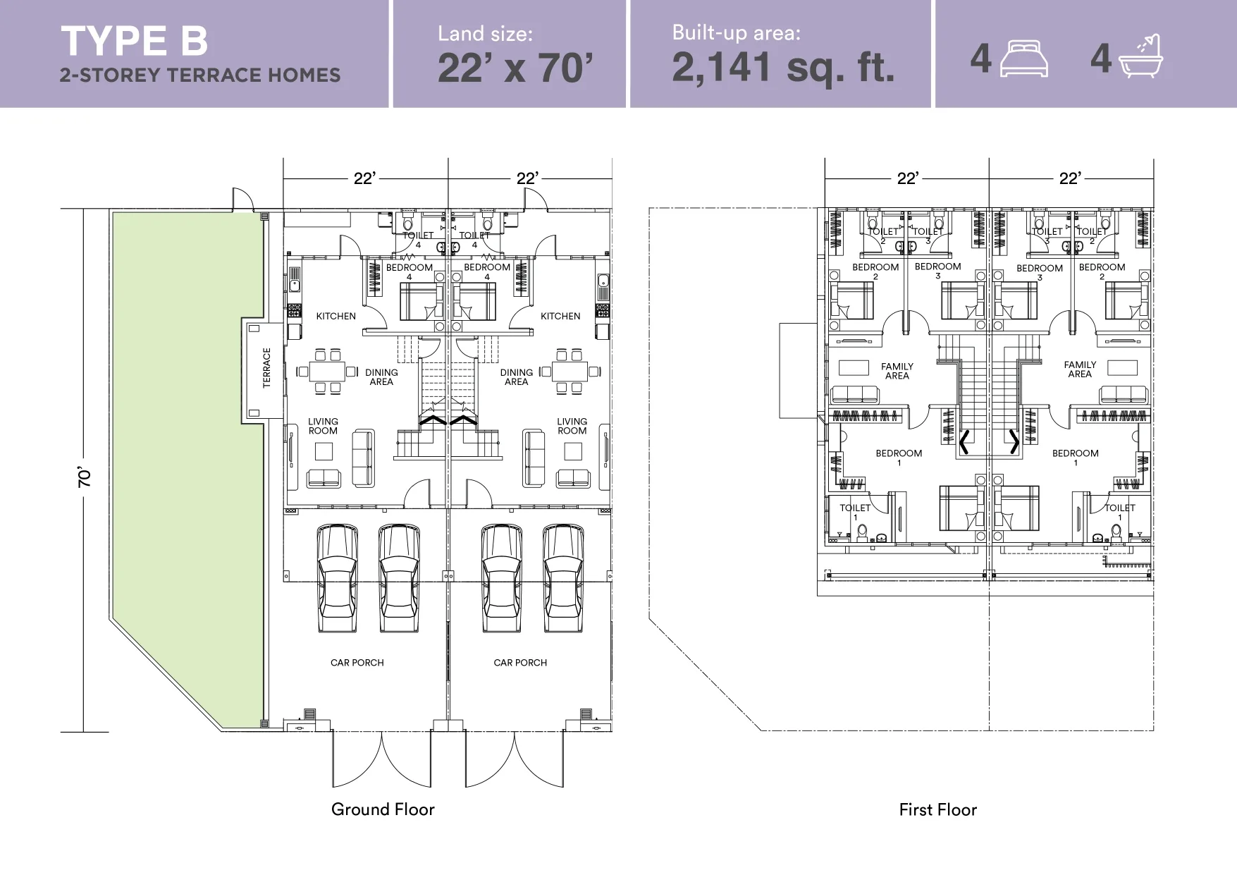 Astera Type B floor plan, 22 x 70 ft lot, 2,141 sq ft