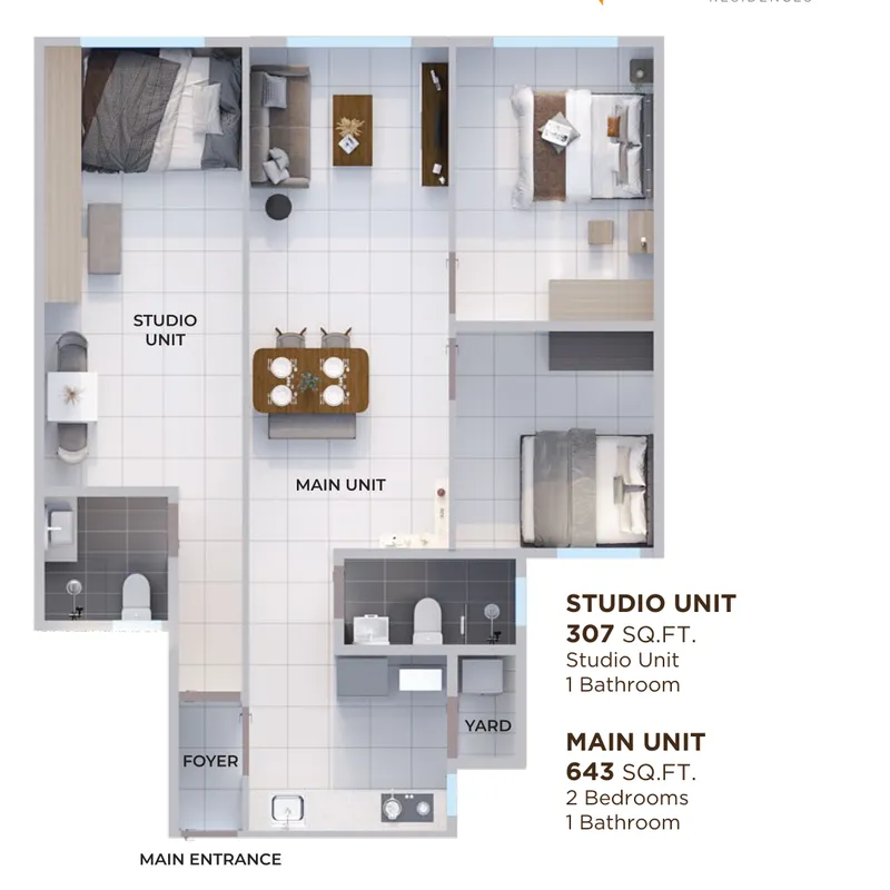 Aston Minka Residences, Bukit Mertajam: dual-key floor plan, 950 sq ft (643 sq ft main unit plus 307 sq ft studio)