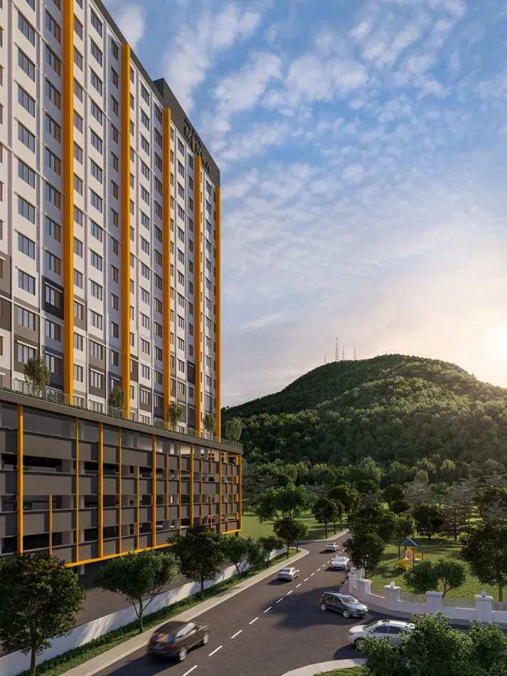 Aston Minka Residences, Bukit Mertajam: tower with Bukit Mertajam hill behind, artist's impression
