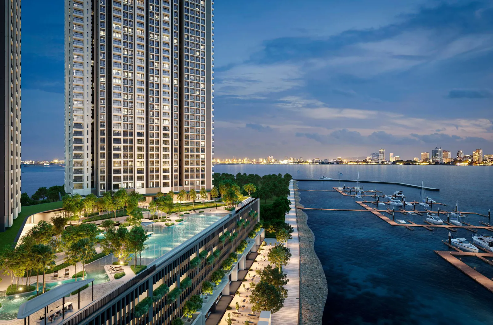 Avéa, Andaman Island: tower, podium pools and marina from above, artist's impression