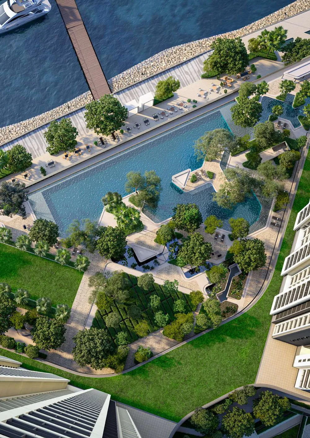 Avéa, Andaman Island: Level 5 podium with pools and gardens from above, artist's impression