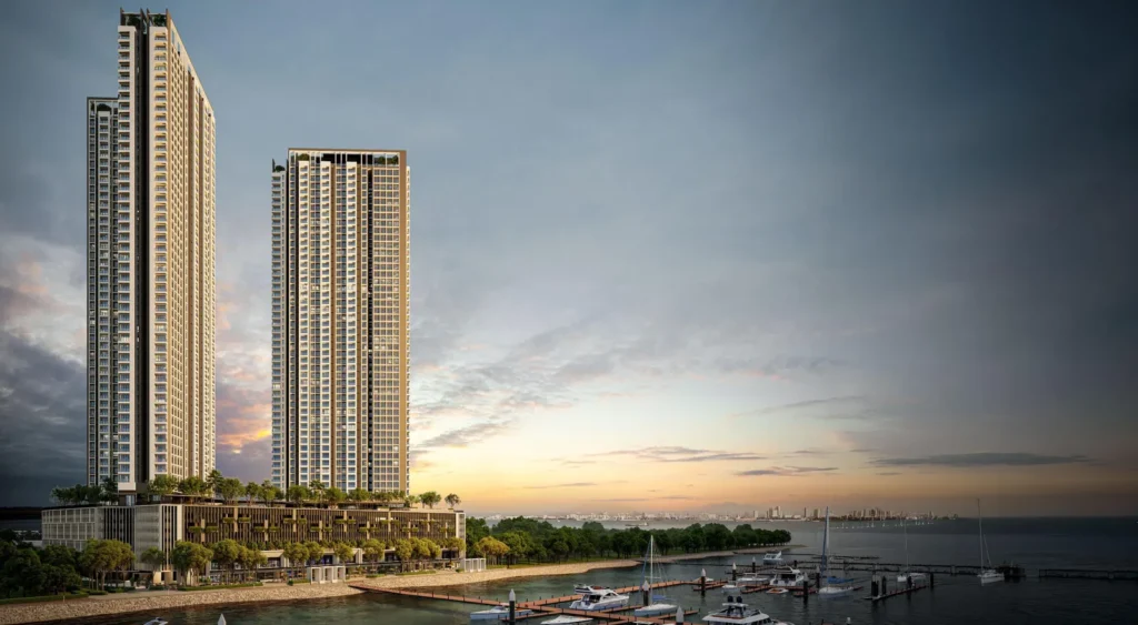 Avéa, Andaman Island: twin 51-storey towers above the marina at dusk, artist's impression