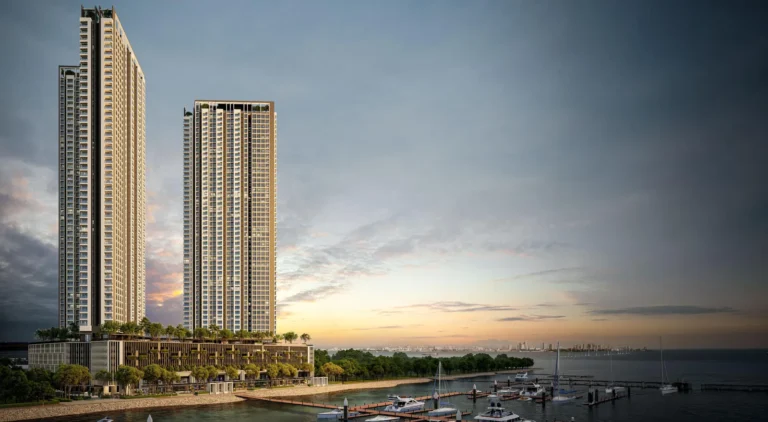 Avéa, Andaman Island: twin 51-storey towers above the marina at dusk, artist's impression