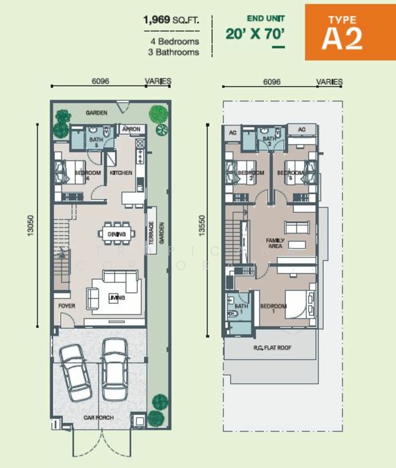 Type A2 end unit floor plan, 1,969 sq ft