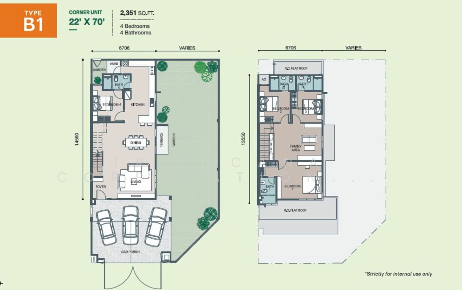 Type B1 corner unit floor plan, 2,351 sq ft