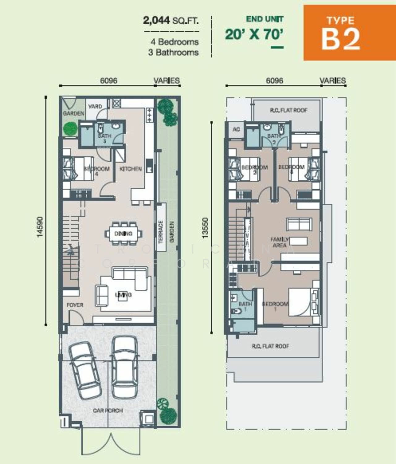 Type B2 end unit floor plan, 2,044 sq ft