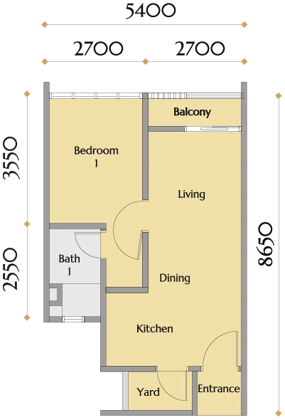 Calia Residences 户型图：A 型，1 房，453 平方尺