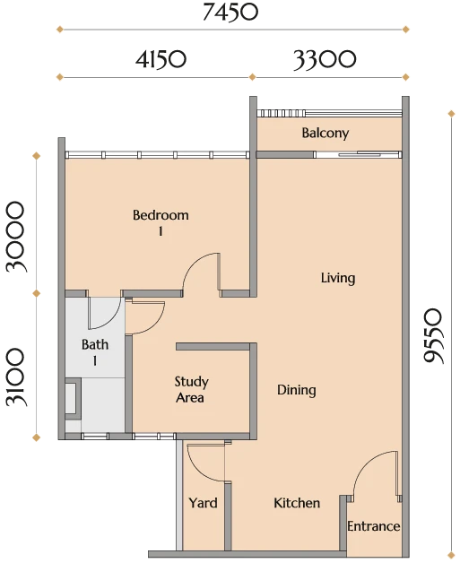 Calia Residences 户型图：B 型，1+1 房，656 平方尺