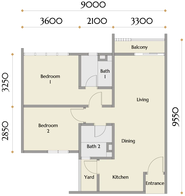 Calia Residences 户型图：C 型，2 房，771 平方尺