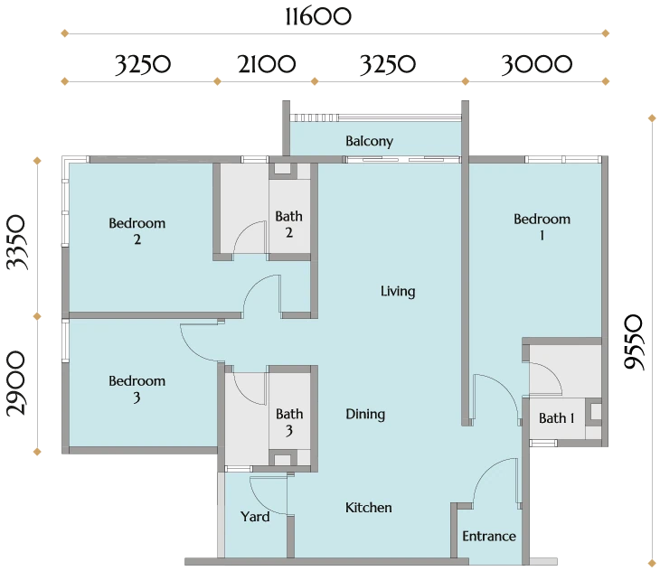 Calia Residences 户型图：D 型双钥匙，3 房，984 平方尺