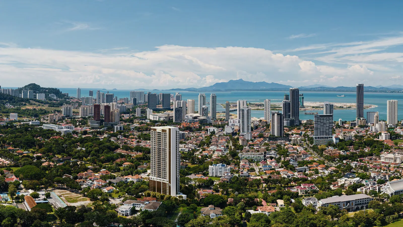 Cantonment Residence, Pulau Tikus: tower among low-rise Pulau Tikus with Gurney Drive and the sea behind, artist's impression