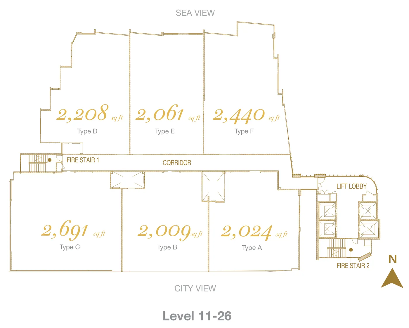 Cantonment Residence, Pulau Tikus: typical floor layout, Levels 11 to 26, six homes per floor