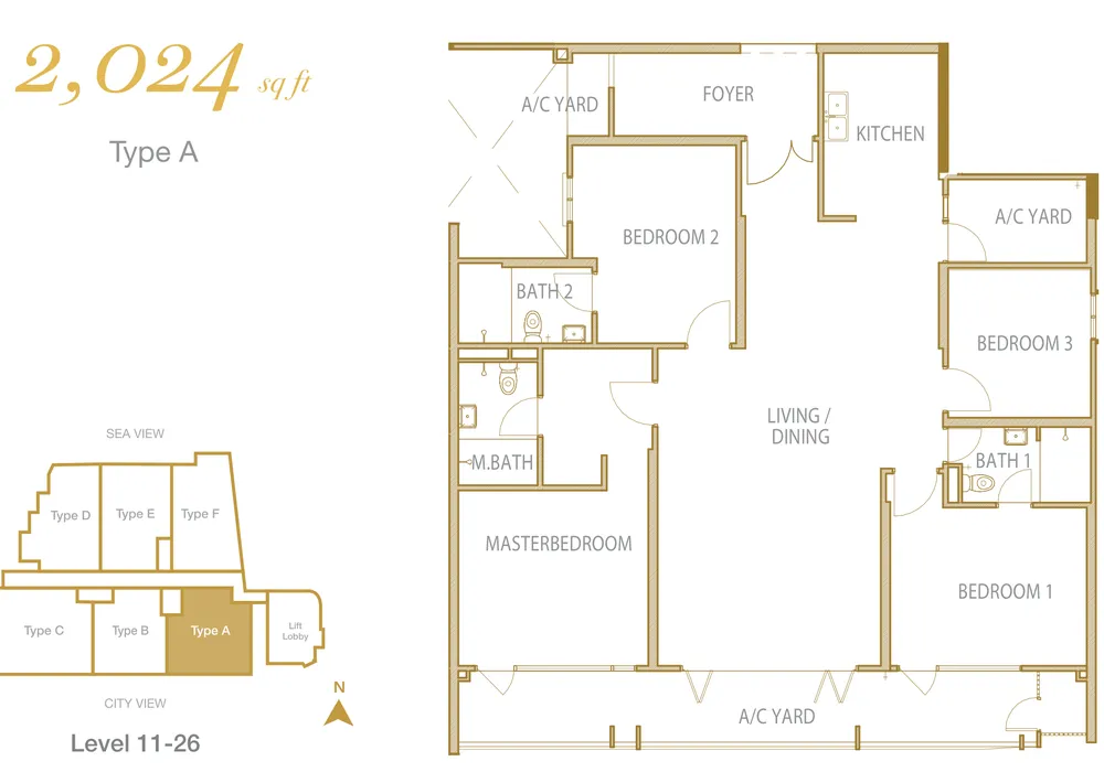 Cantonment Residence, Pulau Tikus: Type A 4-bedroom floor plan, 2,024 sq ft