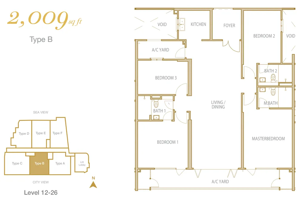 Cantonment Residence, Pulau Tikus: Type B 4-bedroom floor plan, 2,009 sq ft