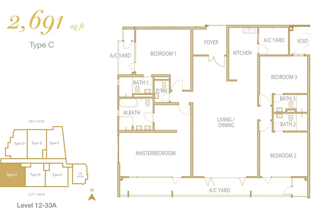 Cantonment Residence, Pulau Tikus: Type C 4-bedroom floor plan, 2,691 sq ft