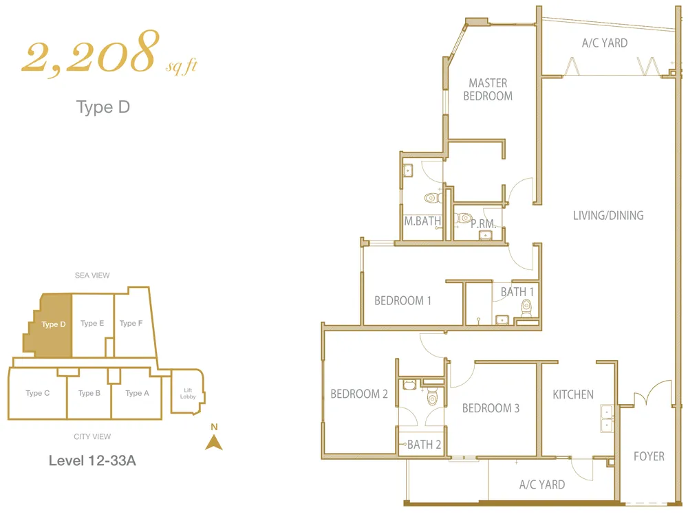 Cantonment Residence, Pulau Tikus: Type D 4-bedroom floor plan, 2,208 sq ft