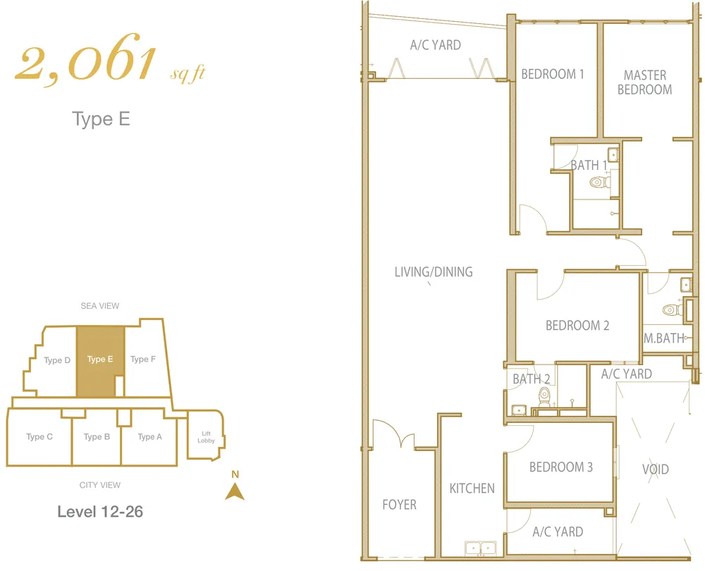 Cantonment Residence, Pulau Tikus: Type E 4-bedroom floor plan, 2,061 sq ft