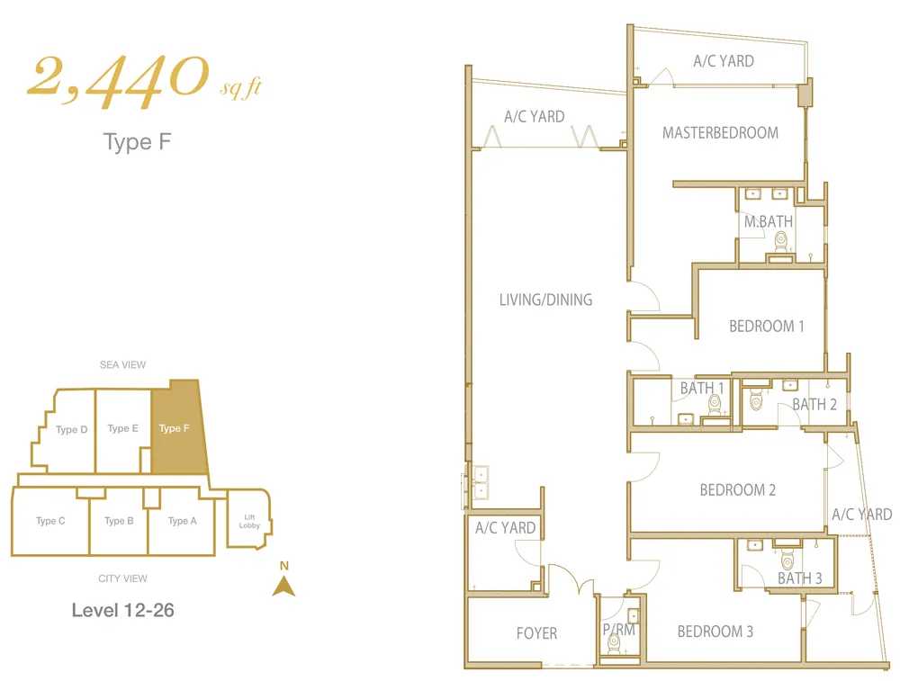 Cantonment Residence, Pulau Tikus: Type F 4-bedroom floor plan, 2,440 sq ft